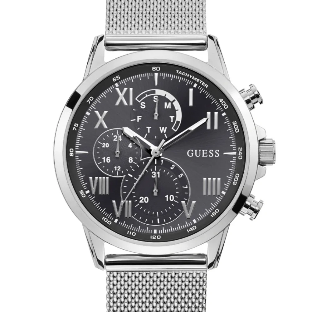 Silver-Tone And Grey Mesh Multifunctional Watch